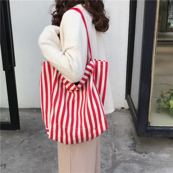 Large capacity Korean classic retro striped shoulder bag simple canvas bag cloth bag - Image 2