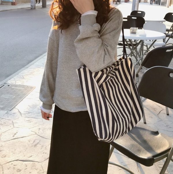 Large capacity Korean classic retro striped shoulder bag simple canvas bag cloth bag - Image 6