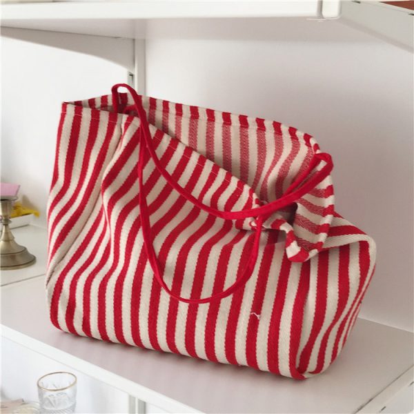 Large capacity Korean classic retro striped shoulder bag simple canvas bag cloth bag - Image 4