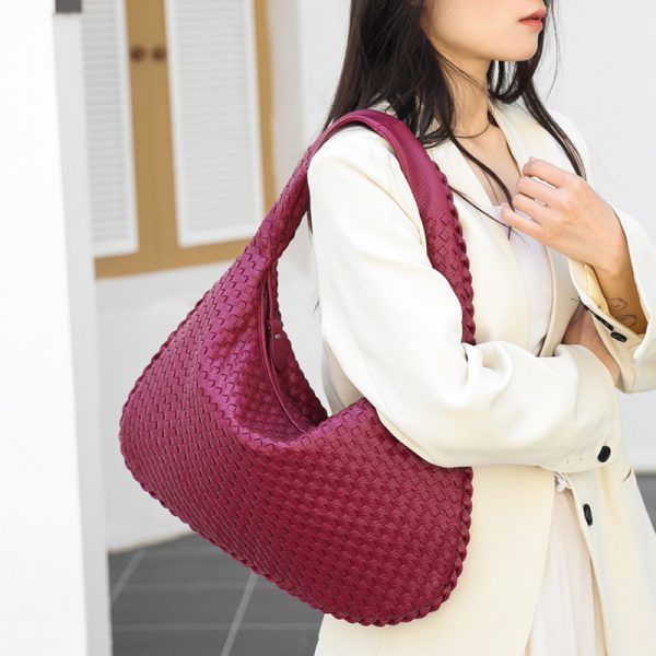 Women Large Leather Hobo Bag Handmade Woven Casual Female Handbag Big Capacity Patchwork Zipper Women Shoulder Bags - Image 3